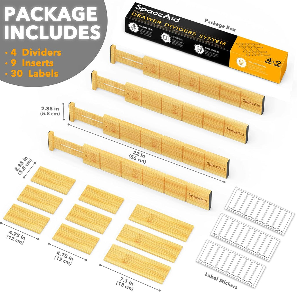 SpaceAid Bamboo Drawer Dividers - Adjustable Kitchen Organizers with Inserts & Labels | 4 Dividers (17"-22" Natural)