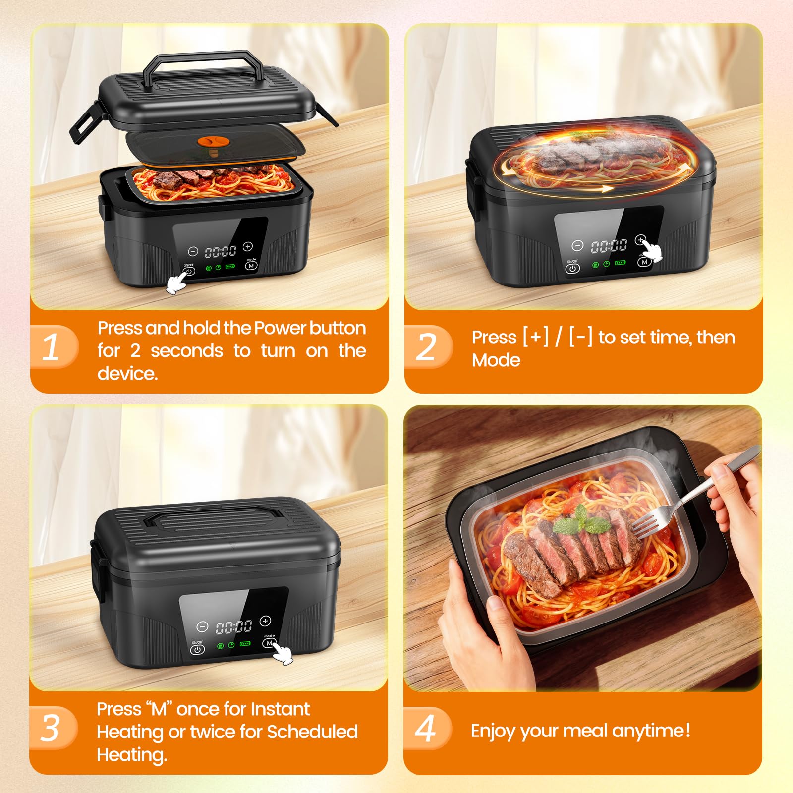 great dachong Heated Lunch Box for Men Adults, 18000mAh Rechargeable Electric Lunch Box Warmer, Wireless Cordless Lunchbox, Portable 6 Cups Battery Powered Food Heater 1.5L for Work Office Car