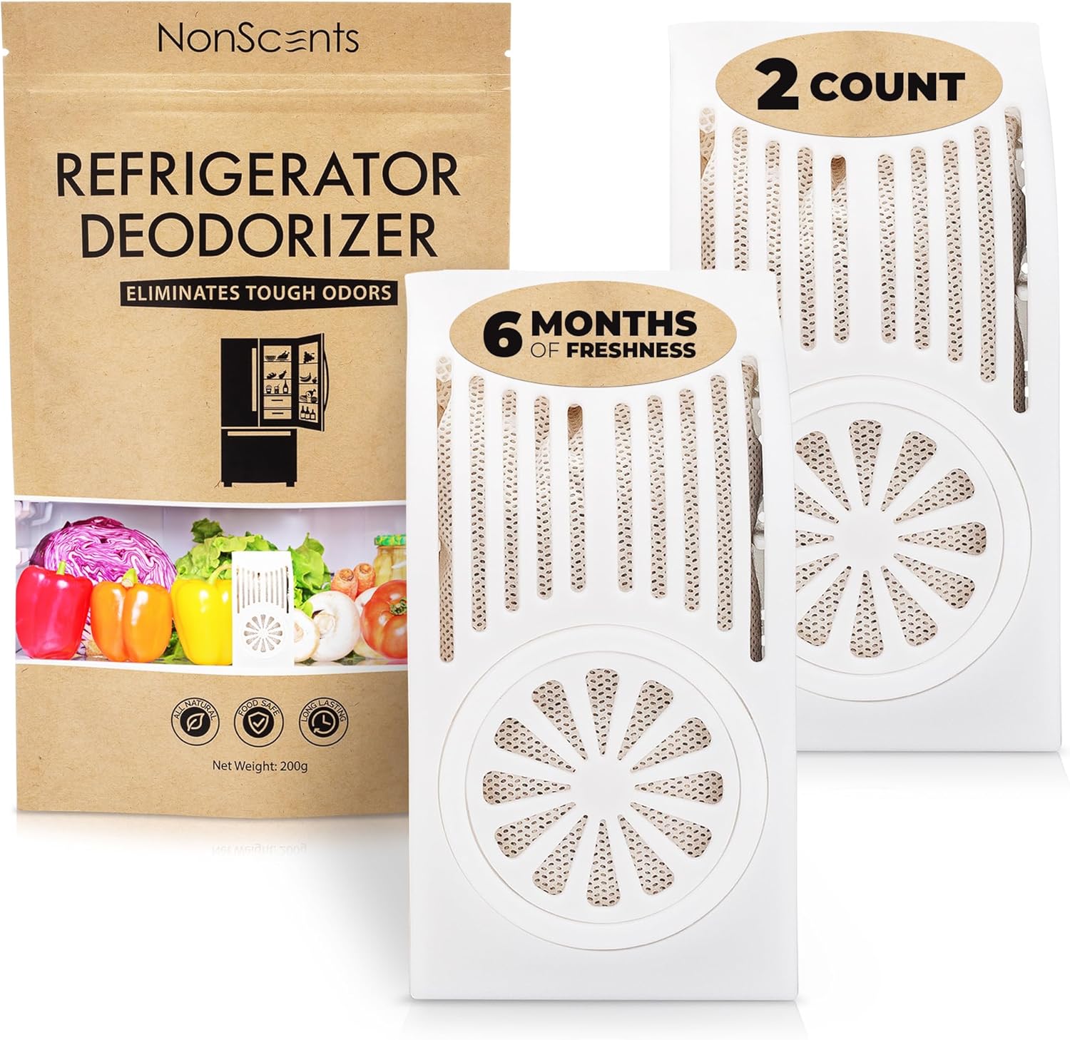 NonScents Refrigerator Deodorizer - Long-Lasting Odor Eliminator with Activated Charcoal - Unscented (2-Count)