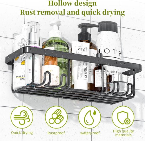 Adhesive Shower Caddy - 5 Pack Rustproof Stainless Steel Bathroom Organizers | Large Capacity, No Drilling, Black