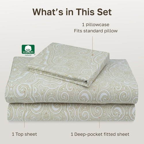 California Design Den Twin XL Cotton Sheets Set - 100% Soft Cotton, 400 Thread Count, Award-Winning Paisley Beige