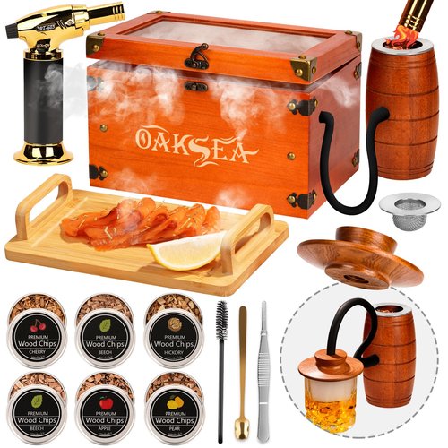 Old Fashioned Smoker Kit, Whiskey Smoker Kit, Gifts for Men Dad Him Stocking Stuffers, Smoker Box with Food Tray, 6PCS Flavor Wood Chips, Cocktail Smoker Kit (Butan Not Required)