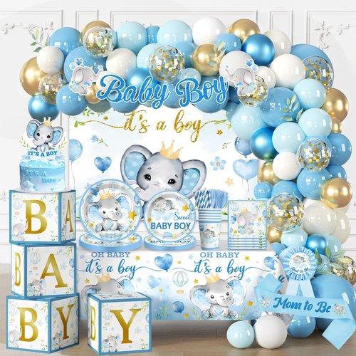 cocomigo 260PCS Elephant Baby Shower Decorations, All-in-1 Party Pack, Includes 20 Elephant Theme Tableware, Backdrop Tablecloth Balloon Kit for Baby Shower Decorations Boy