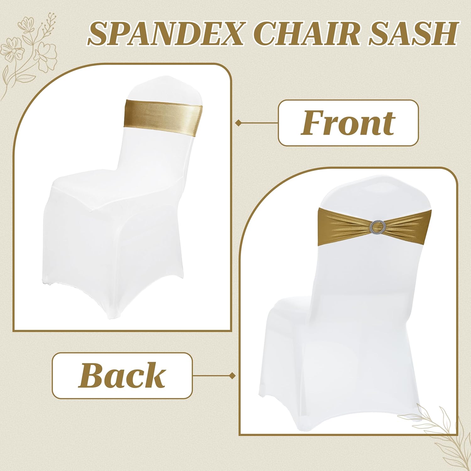 MDS Spandex Foil Chair Sashes - Universal Elastic Stretch Bow Ties with Buckle | Metallic Gold, Pack of 250