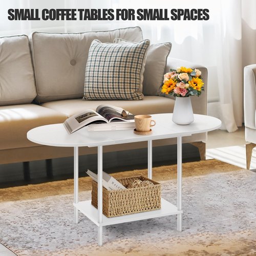 White Coffee Tables for Living Room,Mid Century Oval Center Table with Storage Shelf and Wood Tabletop,2-Tier Modern Narrow Cocktail Tea Table for Small Space,Small Apartment