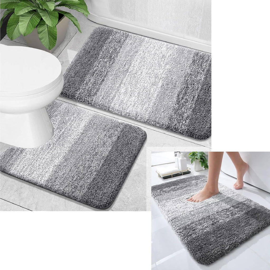 OLANLY Ombre Bath Rug Set - Soft and Absorbent 2-Piece Bathroom Rugs in Grey | 30x20 & 24x16/24x20