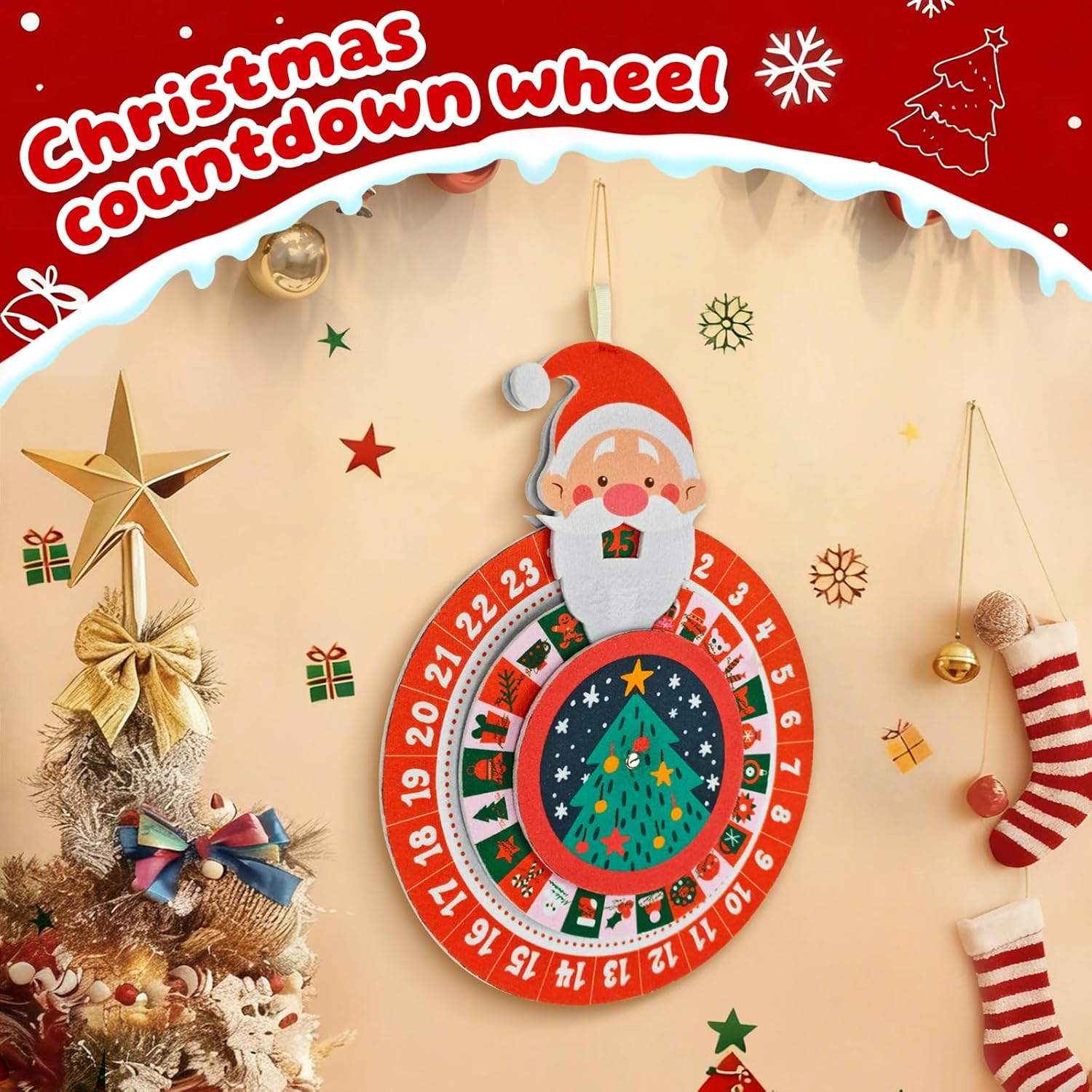 Skiennix Christmas Countdown Advent Calendar - Reusable Felt Wheel Santa Claus Design | Holiday Decor Gift