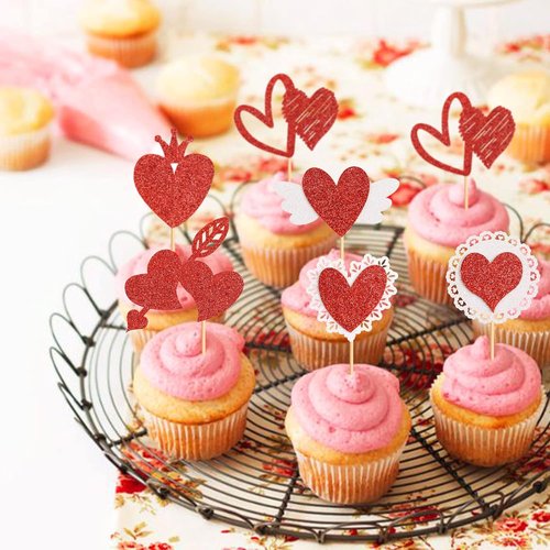 Ercadio Red Heart Cupcake Toppers - Glittery Valentine's Day Picks for Bridal Showers & Engagements | 24 Pack