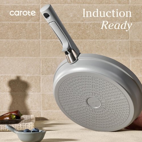 Carote 20pcs Ceramic Cookware Set with Detachable Handles, Pots and Pans Set Non Stick, RV Kitchen Cooking Pot and Pan, Dishwasher Safe, Non-toxic Induction Cookware PFAS and PFOA Free, Grey