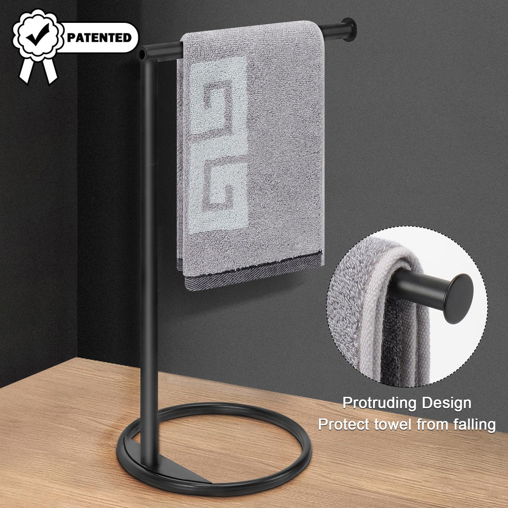 NearMoon Hand Towel Holder Stand, Thicken Metal L Shape Hand Towel Rack, Small Towel Ring, Stable Standing Towel Bar for Bathroom Kitchen Vanity Countertop, 8” L 14” H (Matte Black, 2 Pack)
