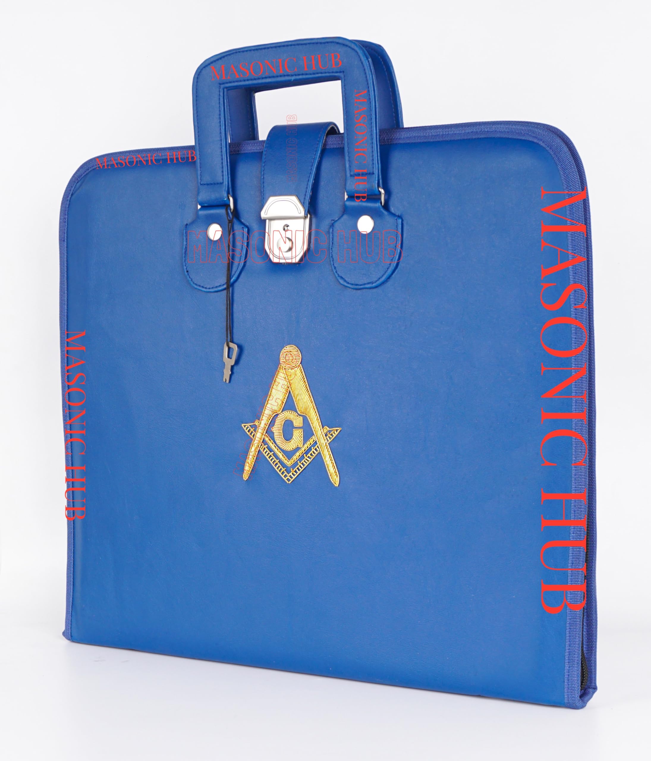 MASONIC HUB Hand Embroidered Square & Compass Apron Carrying Case – Hard Sided Blue Regalia Storage Box with Handle, Lock & Key – Fits Master Mason Apron & Chain Collar- Faux Leather