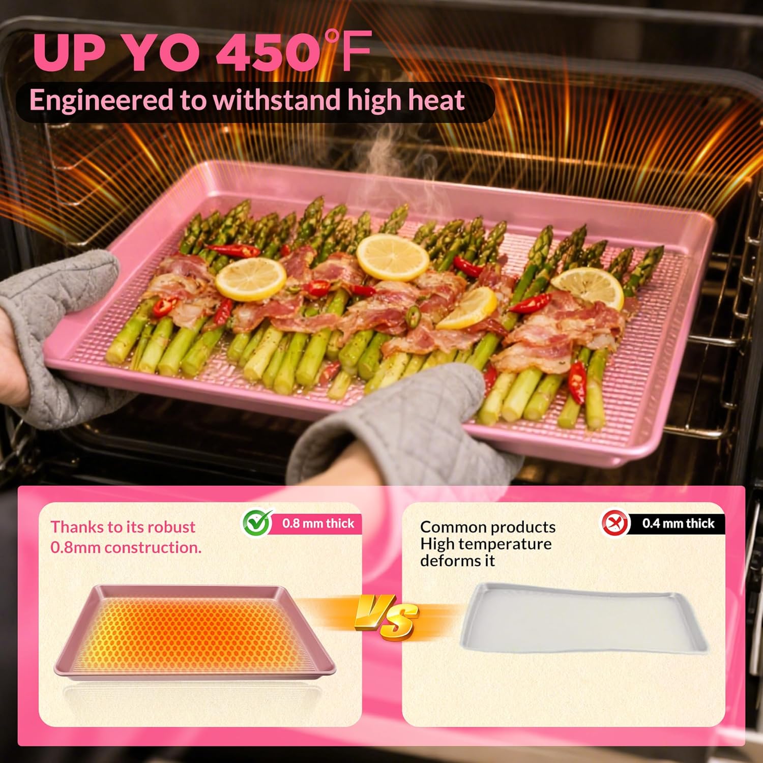 Professional Non-Stick Baking Sheets Set - 3-Piece Heavy Duty Carbon Steel Cookie Sheets | Oven Safe & Even Heating (Pink)