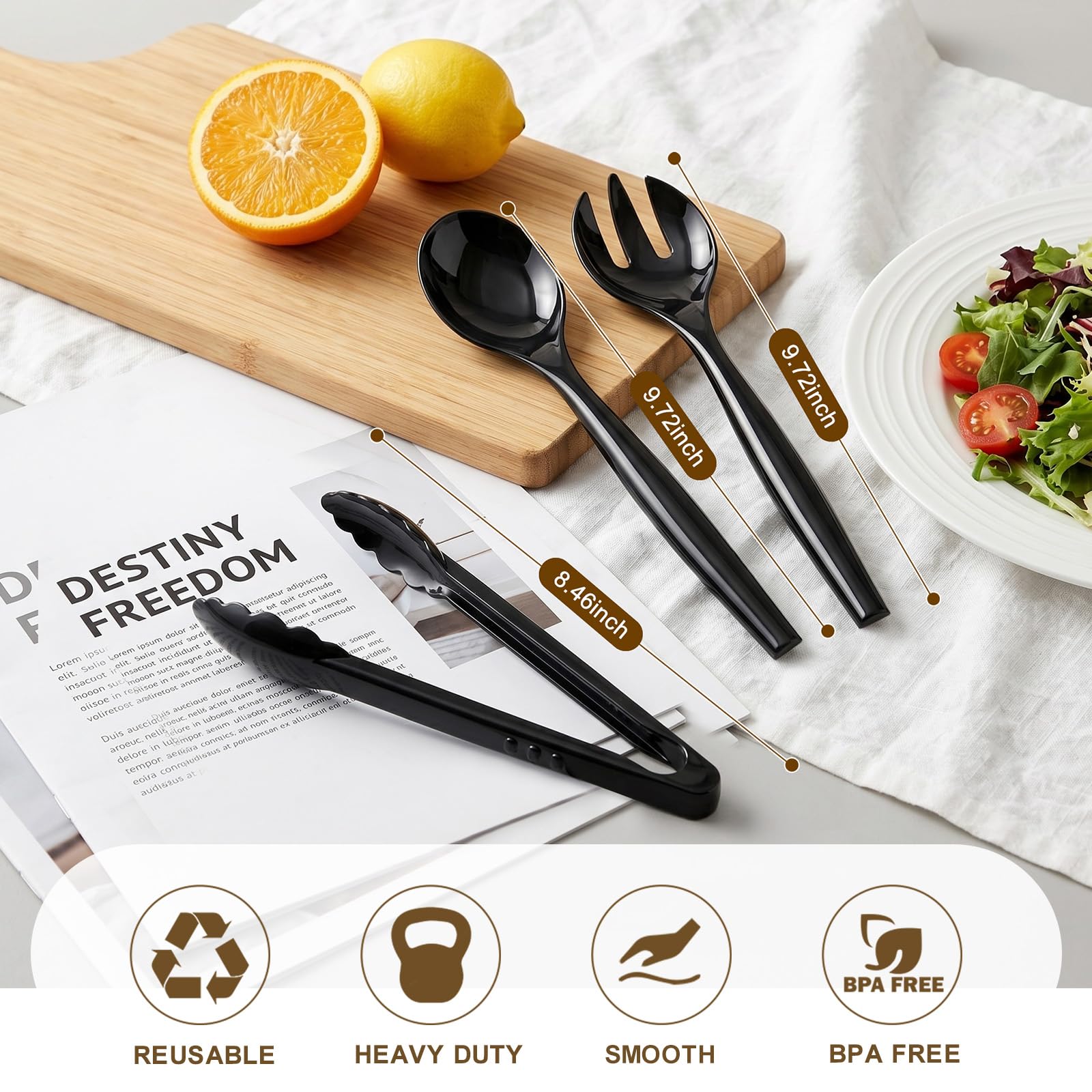 Dualshine 24 Pcs Disposable Black Plastic Serving Utensils,8 Set Including 9.72" Plastic Serving Spoons, Forks and 8.46" Tongs, for Dinner Parties, Buffets,Banquets, Events, Weddings, and Daily Use