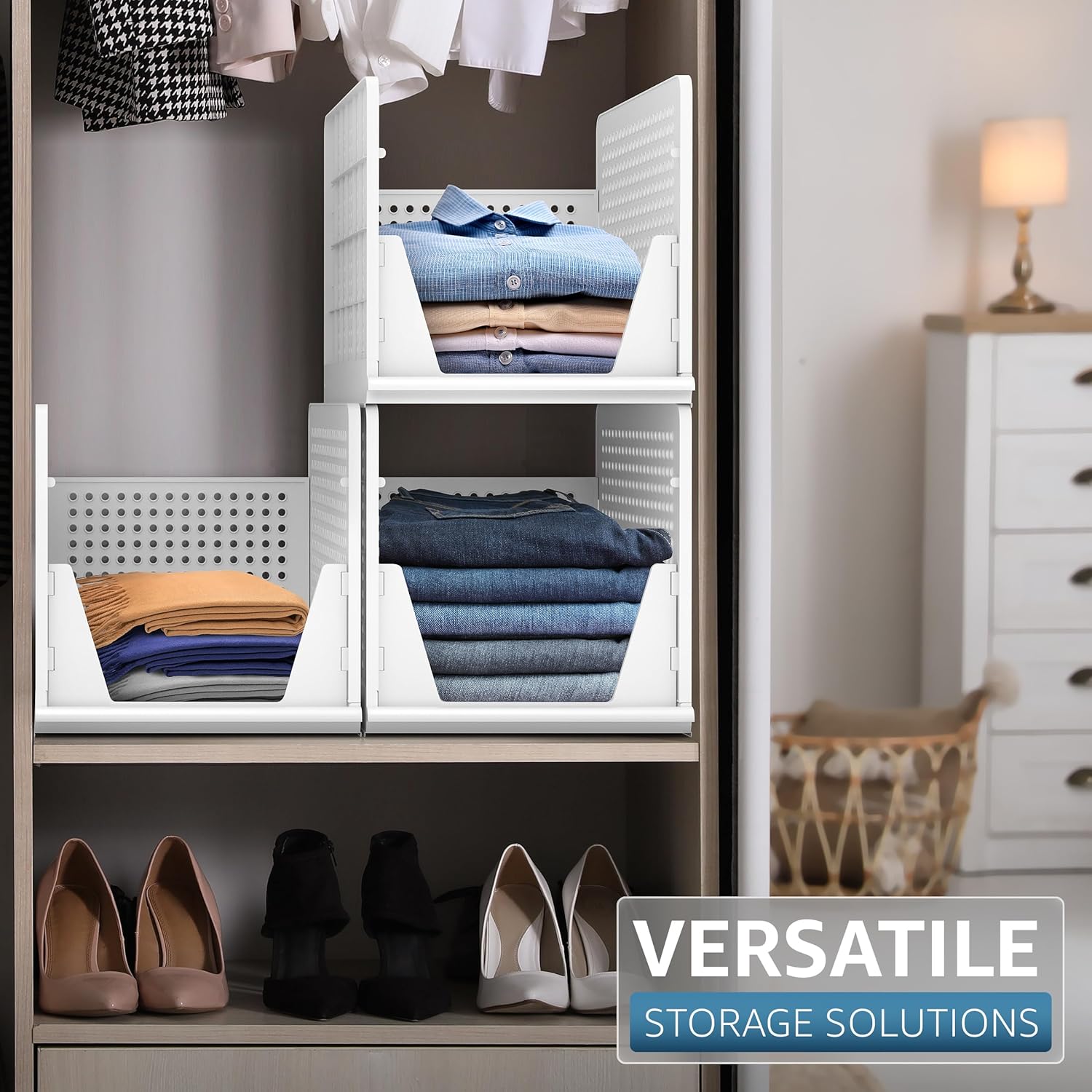 Sorbus Stackable Shelf Organizer Baskets - Versatile Plastic Storage Bins for Closet, Pantry & Bathroom Organization