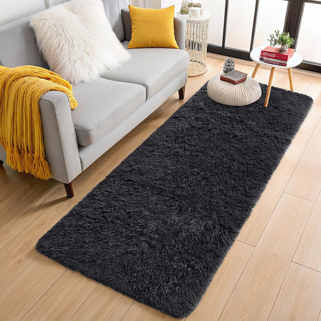 OLANLY 3x8 Machine Washable Runner Rug - Soft Fluffy Shaggy Design for Bedroom & Hallway | Black