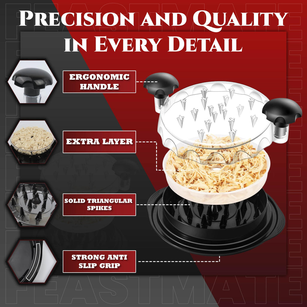 Chicken Shredder Tool Twist 10" Upgraded 3-Layer Meat Shredder for Chicken Breast, Pork & Beef | Transparent Visible Lid Food Shredder with Removable Plate, Soap Dispenser Brush, Non-Slip, BPA-Free