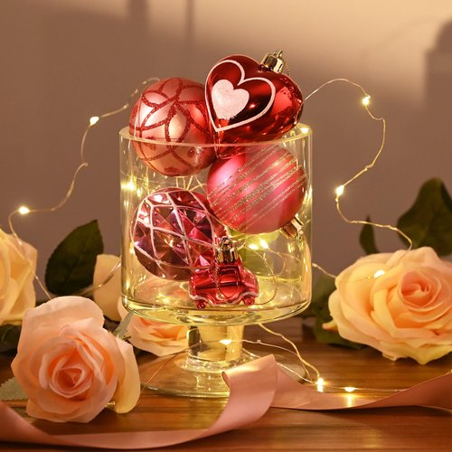 DecorbyHannah Valentines Day Ornaments Tree Decorations, 21ct Pink Red Heart Shaped Ornament Set for Tree, Valentine's Day Large Shatterproof Hanging Christmas Ball for Wedding Anniversary Party