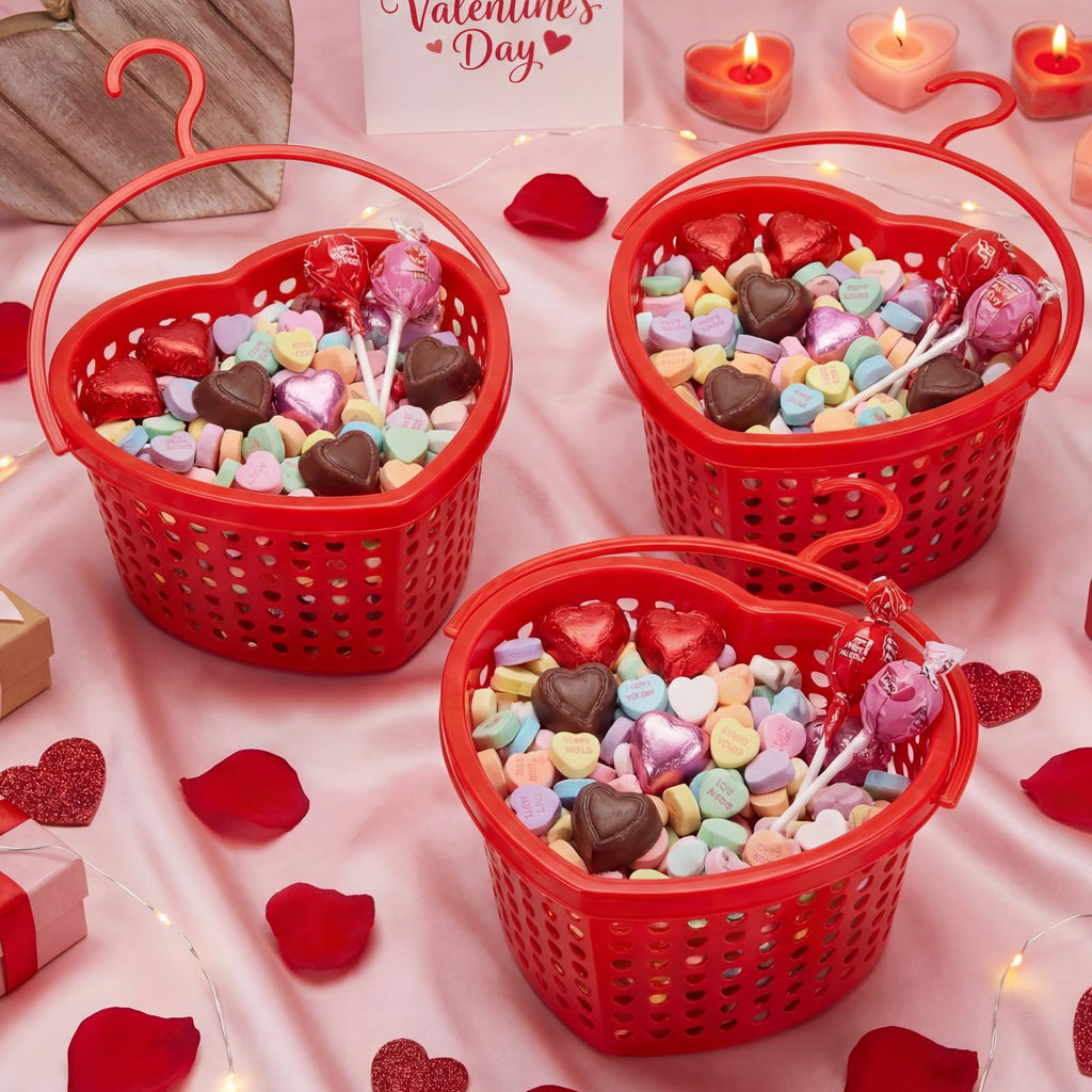 Acellegic 24 Set Pink Valentine's Day Heart Baskets Hollowed Plastic Storage Baskets with Handles for Gift Organizing Home Kitchen Office Birthday Party