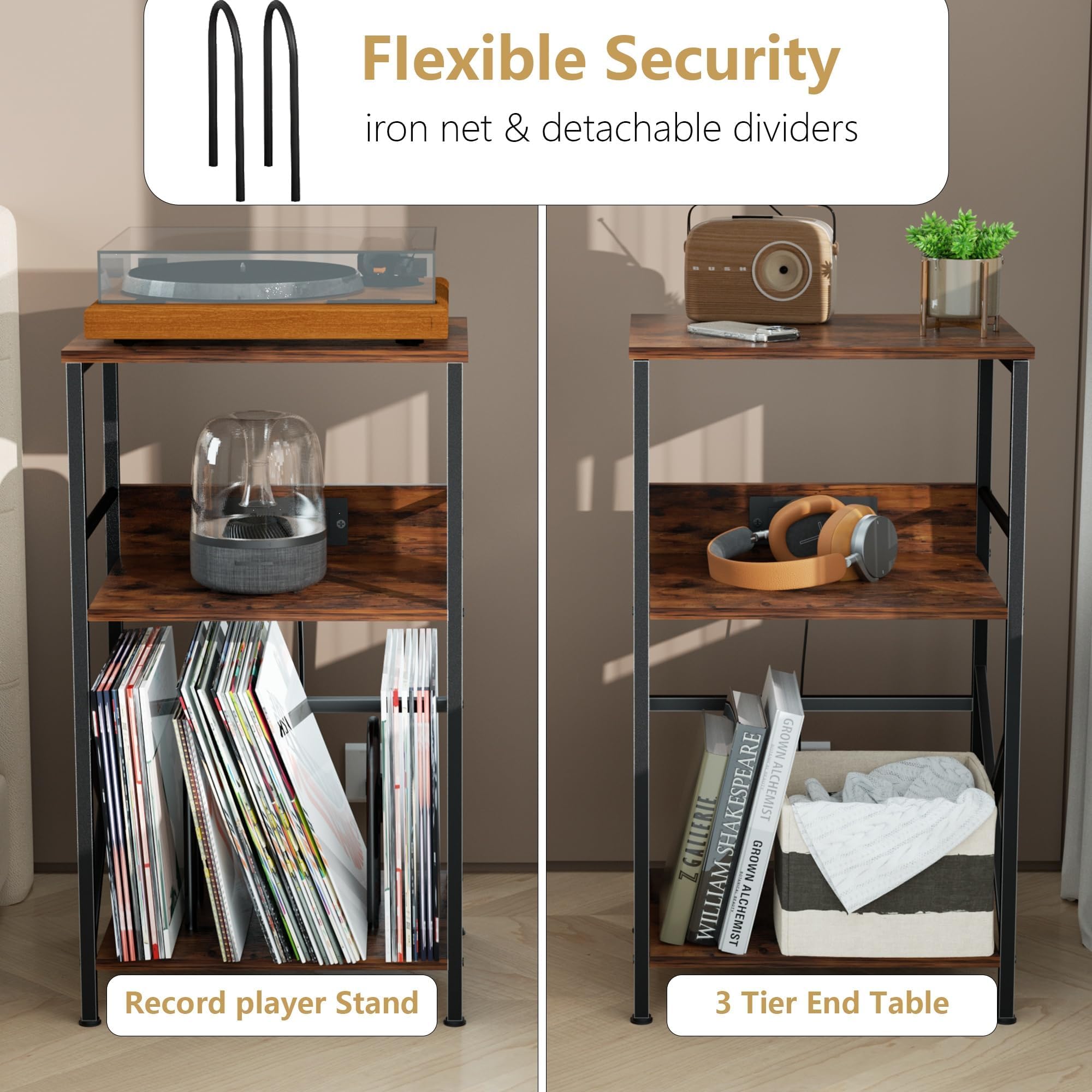 DALEMHOME Record Player Stand with Charging Station, 3-Tier Side Table for 100 Vinyl Storage, End Table for Living Room, Bedroom, Rustic Brown HKET1001BR