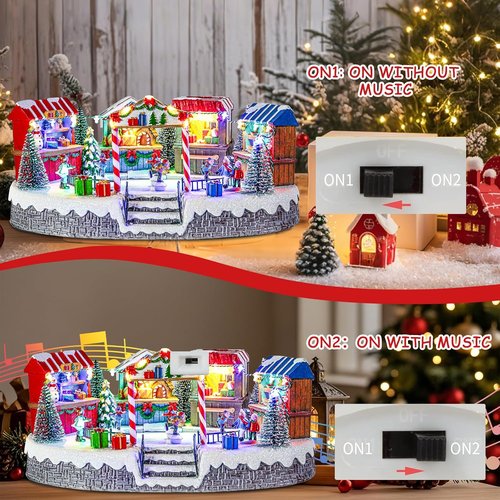 Bdor Christmas Market Village Scene - LED Lights & Music | 8.3 x 5.9 x 5.9 Inches Holiday Décor