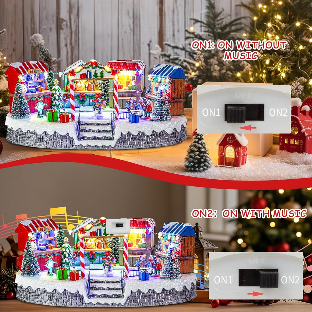 Bdor Christmas Market Village Scene - LED Lights & Musical Animation | 8.3 x 5.9 x 5.9 Inches Holiday Décor