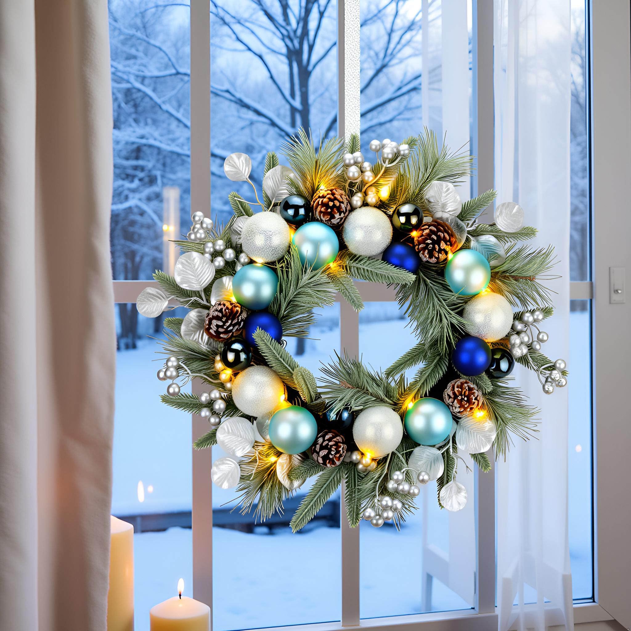 YULETIME 20-inch Christmas Wreath, Battery Operated Holiday Wreath with 20 Fairy Lights, Blue Baubles, Silvery Berries, Pine Cones, Silvery Leaves, Frosted Spruce Branches and Pine Needles (Blue)