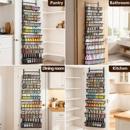POKIPO 9 Tier Over The Door Pantry Organizer, 2 in 1 Wall Mount or Hanging Spice Rack with Adjustable Basket, Seasoning Organizer and Storage for Kitchen Cabinet Closet Bathroom
