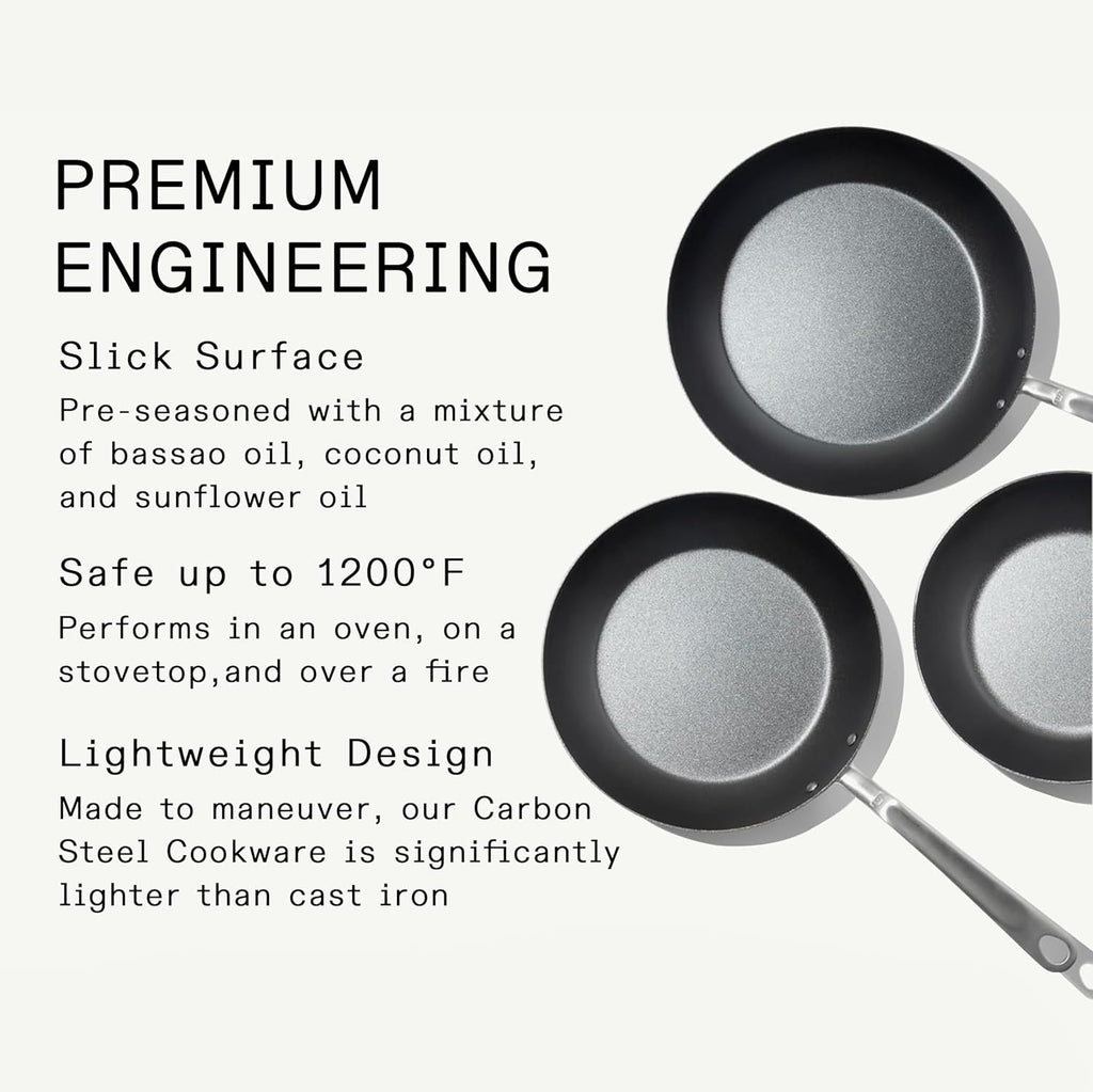 Made In Cookware | 3-Piece Seasoned Blue Carbon Steel Frying Pan Set - Induction Compatible | Professional Quality
