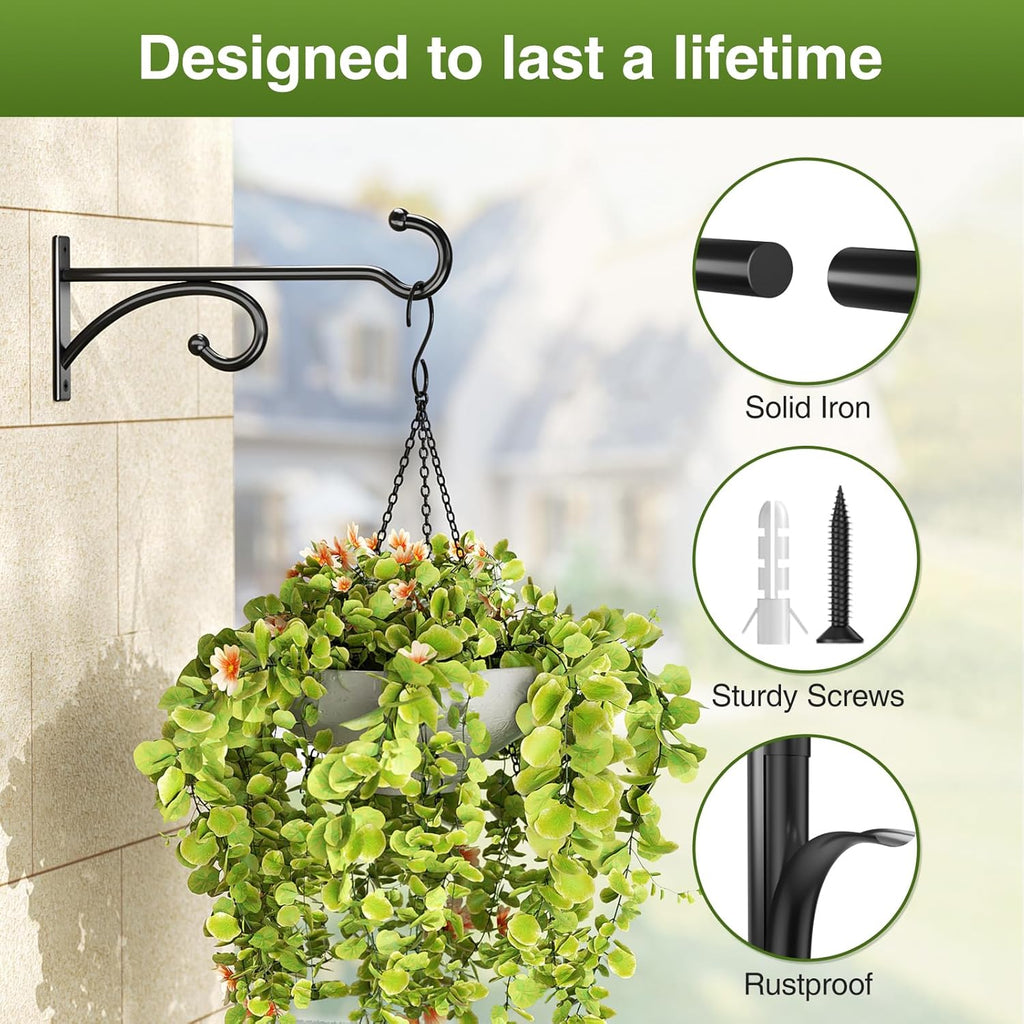 Skiennix 8-Inch Planter Hooks - Durable Indoor/Outdoor Plant Hanger for Baskets & Bird Feeders (Black, Metal, 2 Pack)