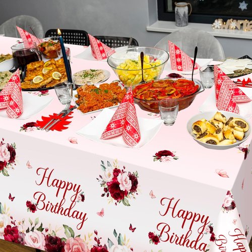 Avezano 3 pcs Burgundy Birthday Tablecloths 108x54 inch Red Pink Floral Birthday Party Decorations Burgundy Rose Bday Table Covers Disposable for Women Girls