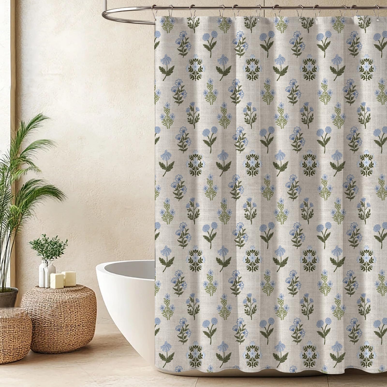 Abstract Vintage Floral Linen Shower Curtain - Neutral Traditional Floral Block Print Pattern in Blue and Green,Botanical Boho Shower Curtain Set for Rustic Farmhouse Frenchy Bathroom Decor 72x72 Inch