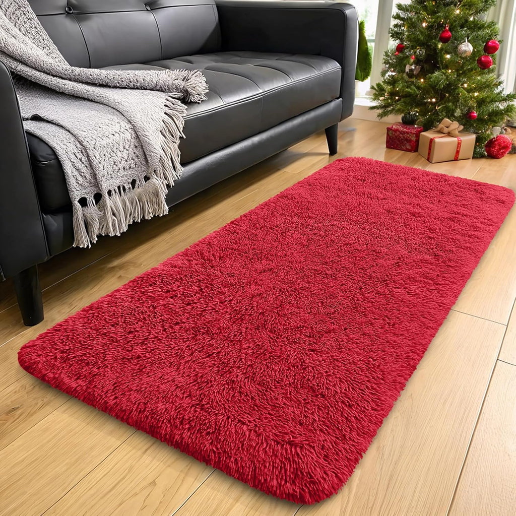 OLANLY Runner Rugs - Machine Washable Soft Fluffy Shaggy Design for Hallway & Bedroom | Red 2x4 ft