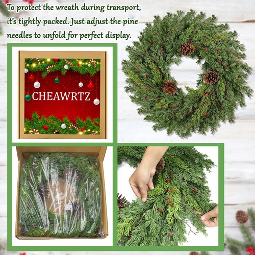 Real Touch Pine Christmas Wreath 24 Inch Christmas Wreaths for Front Door Winter Wreath Artificial Green Wreaths Outdoor Christmas Decorations Indoor Outside Window Home Holiday Thanksgiving
