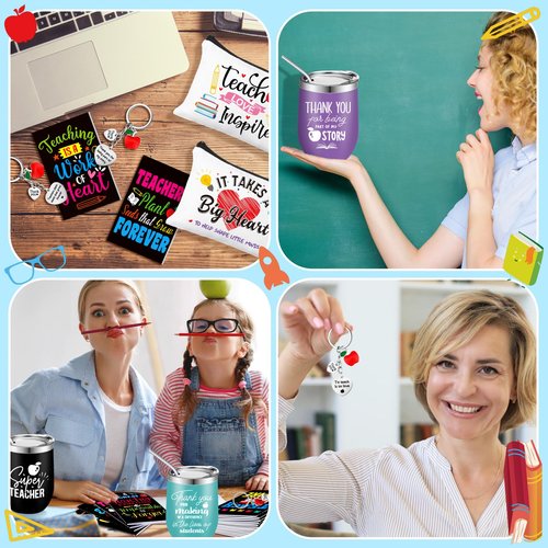 Lemosae 60 Pcs Teacher Appreciation Gifts Set, Teachers Day Gifts Bulk 12 Wine Tumbler 12 Makeup Bags 12 Mini Notepads 12 Socks 12 Keychains Graduation Students Thanks Teacher Gift(Classic)