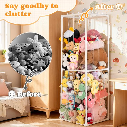 Stuffed Animal Storage,PVC Tube Zoo Stuffed Animal Holder with Elastic Band,Space Save Vertical Kids Plush Toy Organizer,Ideal for Boys Girls Nursery Playroom Kidroom Bedroom-White