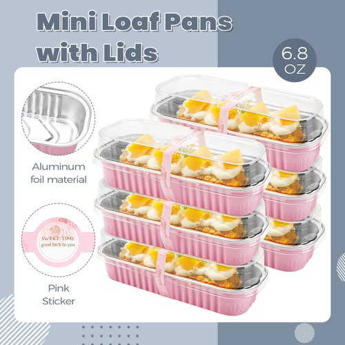 LOKQING 100 Pack Mini Loaf Pans with Lids Rectangle Individual Cake Pans Aluminum Foil Pans for Large Gatherings Picnics Vacations Parties(Pink, 6.8 OZ)