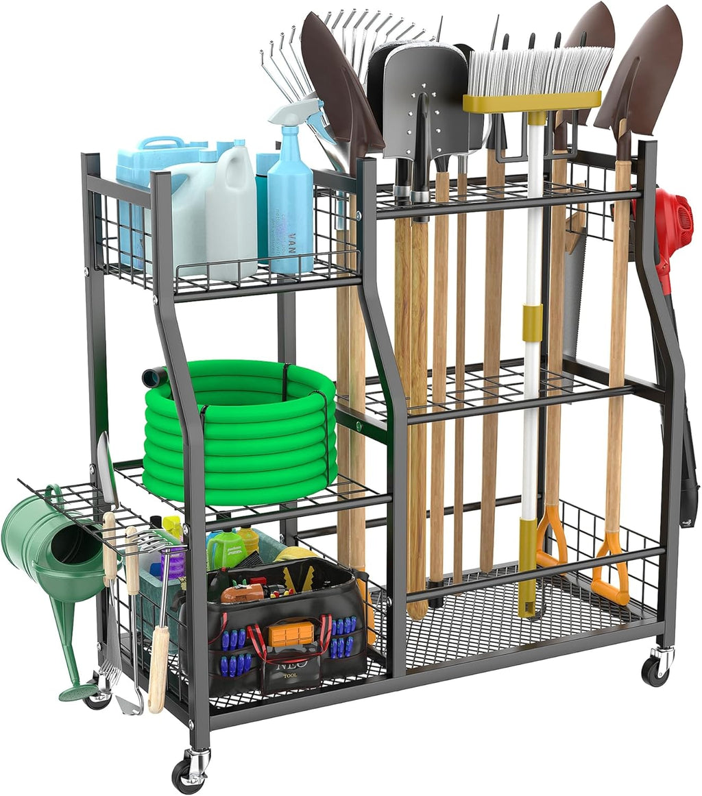 WALMANN Garden Tool Organizer - Rolling Cart with Large Storage for Rakes, Shovels & Yard Tools