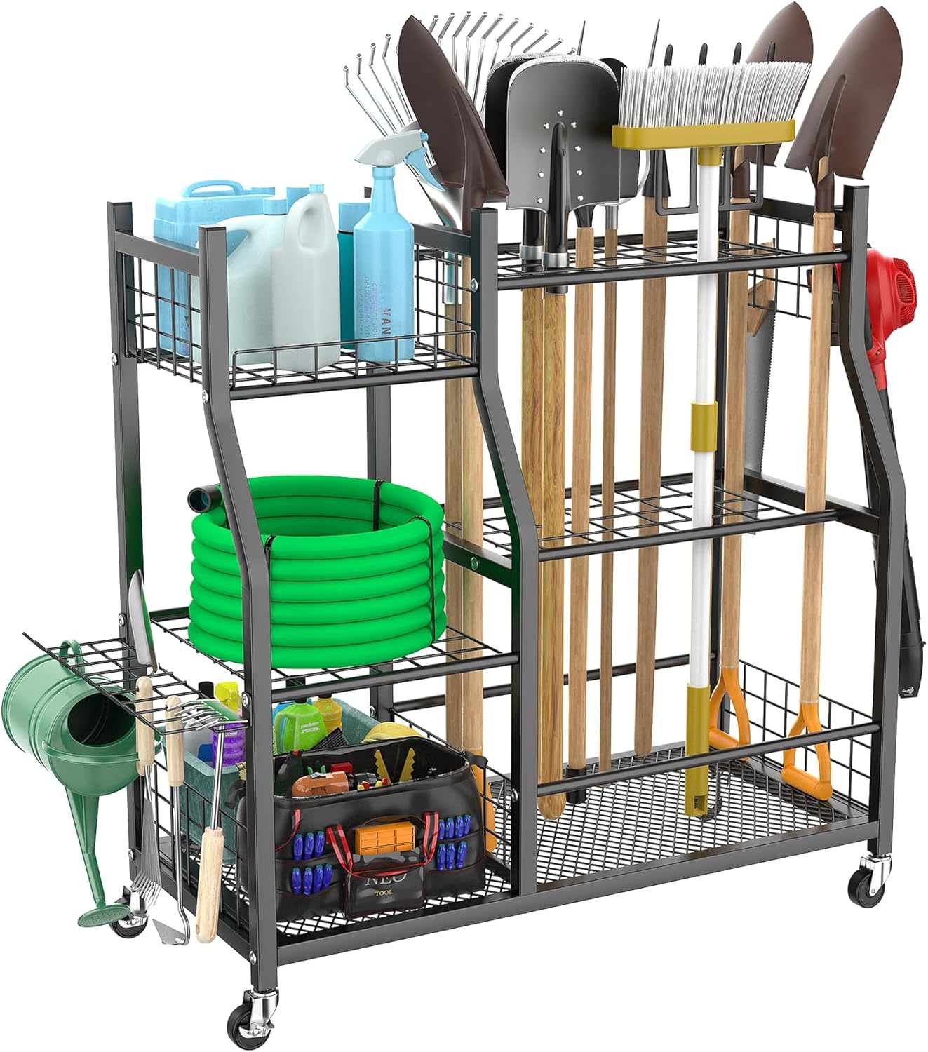 WALMANN Garden Tool Organizer - Rolling Cart with Large Storage for Rakes, Shovels & Yard Tools