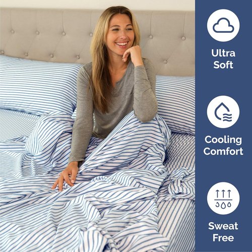 Cal King Size 4-Piece Sheet Set by Hotel Luxury | Comfy, Breathable & Cooling Bed Sheets - Deep Pockets, Wrinkle-Free - Blue Stripes