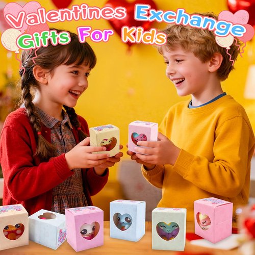 Ksmky Valentines Gifts for Kids Classroom, 24 Pack Prefilled Valentines Box with Cute Squishy Toys, Valentines Party Favors, Class Valentines for Kids Boys Girls, Classroom School Valentines Gifts