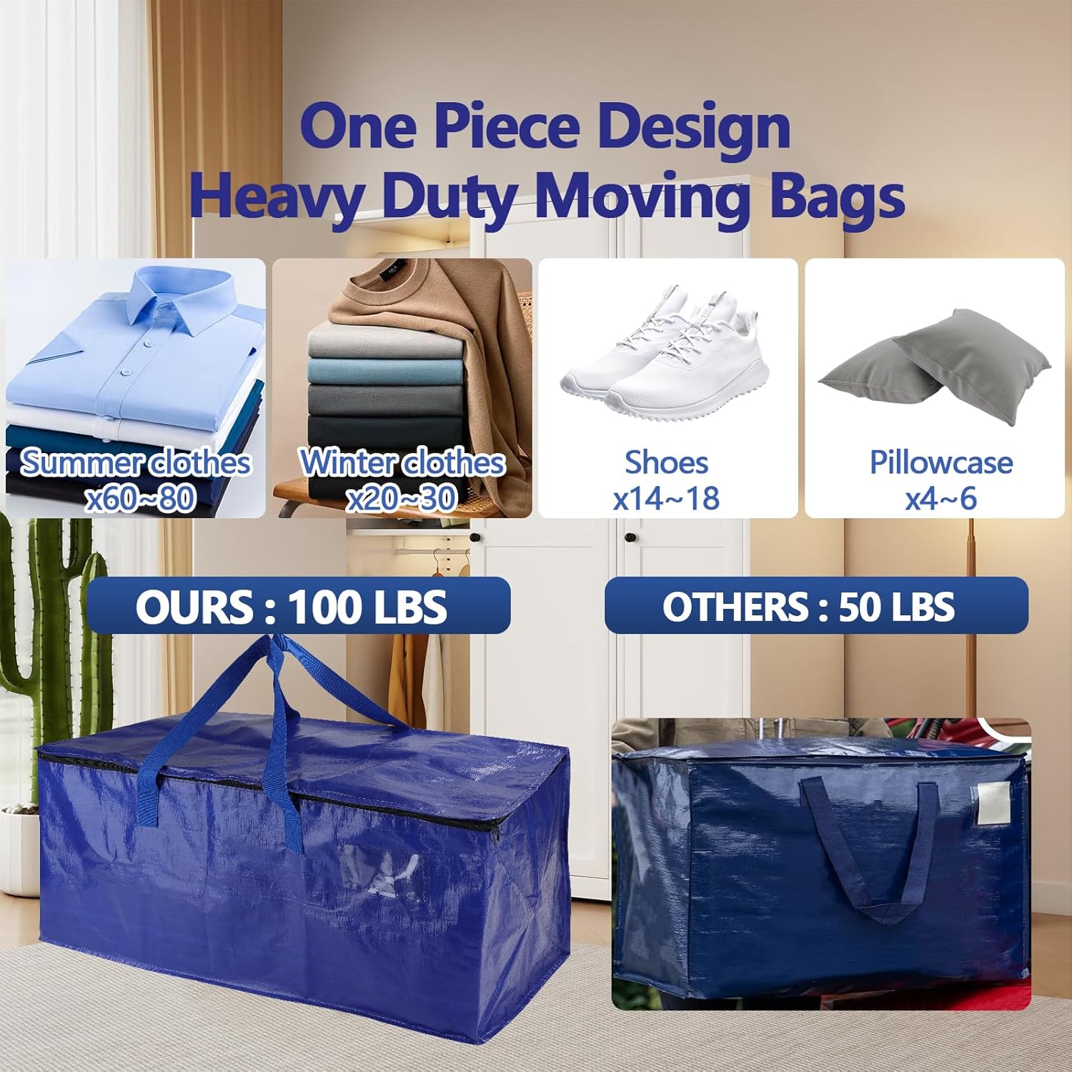 Skiennix 8 Pack Waterproof Moving Bags - Heavy Duty 100lb Capacity Totes for Packing & Storage | 95L, Blue