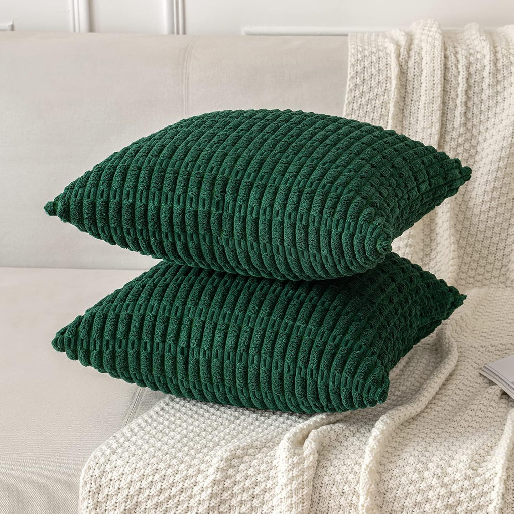 MIULEE Dark Green Corduroy Decorative Pillow Covers - Soft Boho Striped 18x18 Inch | Modern Farmhouse Decor