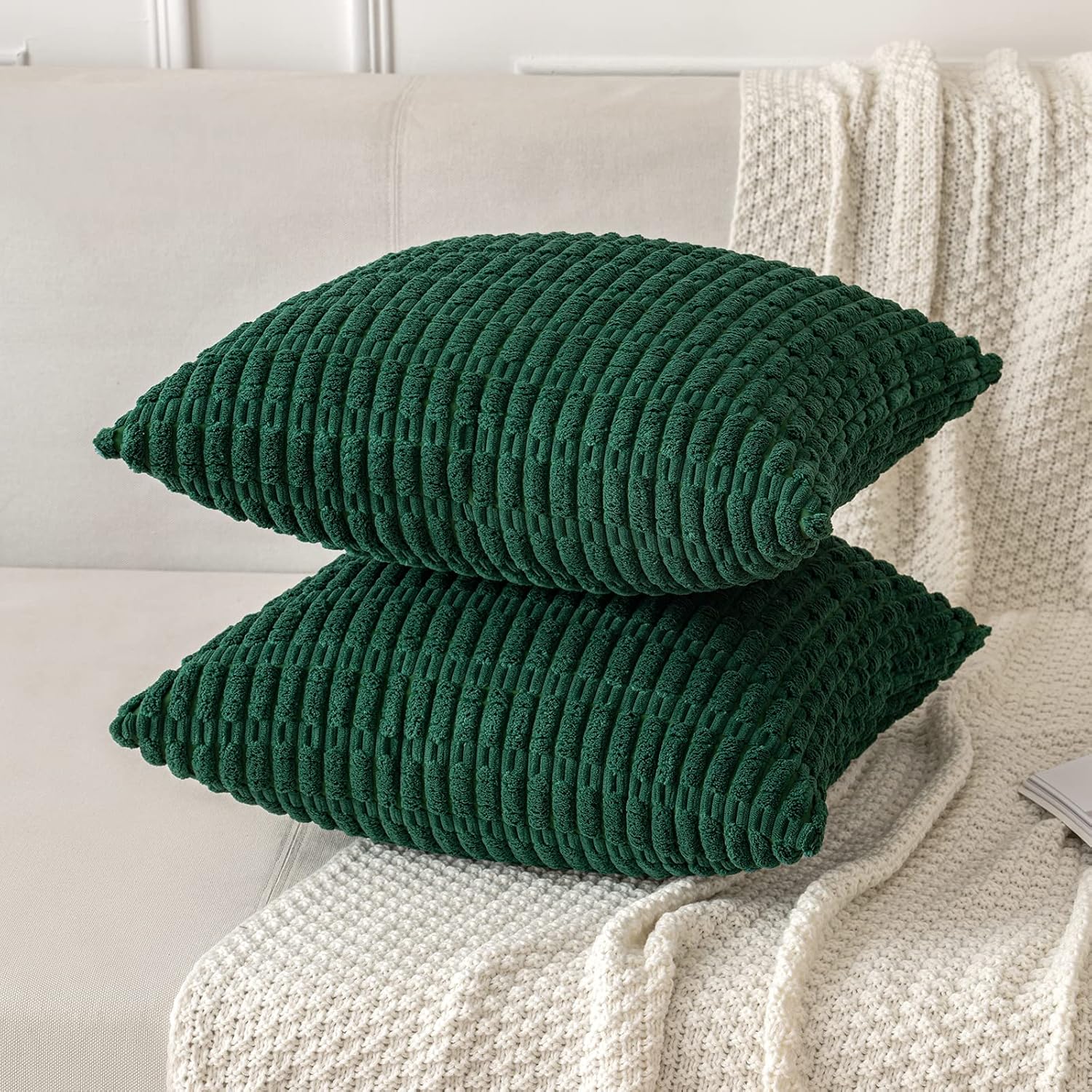 MIULEE Dark Green Corduroy Decorative Pillow Covers - Soft Boho Striped 18x18 Inch | Modern Farmhouse Decor