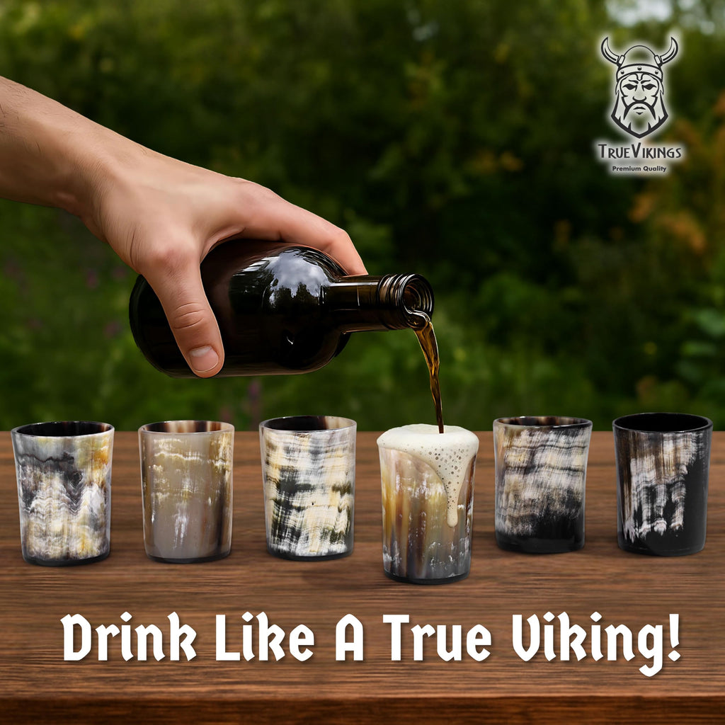TRUE VIKING Drinking Horn Cup Set of 6 – Unique Viking Gifts for Men, Dad, Husband – Natural Ox Horn Shot Glasses with Thor Bottle Opener & Metal Caddy – Leak-Proof – For Beer, Ale, Mead (5 oz/Glass)