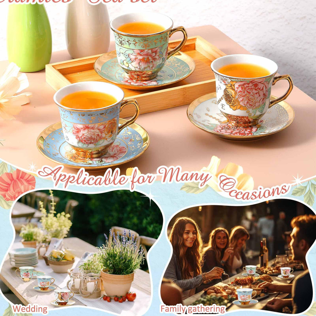 Teenyyou Set of 18 Tea Cups and Saucers Tea Party Decorations Floral Porcelain 5.4 oz British Gift for Women Birthday Party, Church, and Mother's Day (Classic Style)