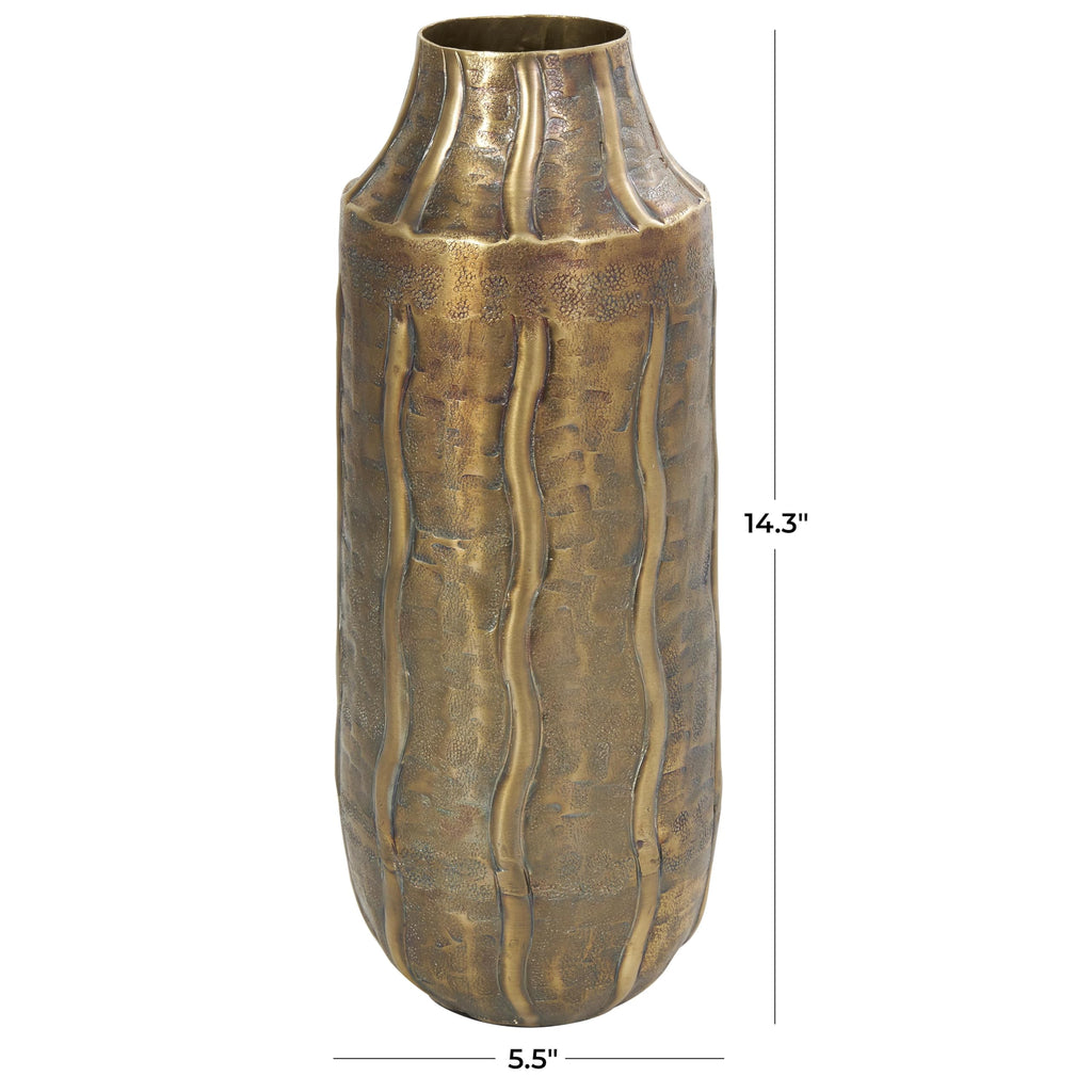 Deco 79 Metal Decorative Vase Snakeskin Inspired Centerpiece Vase with Dimensional Wavy Accents, Flower Vase for Home Decoration 6" x 6" x 14", Brass