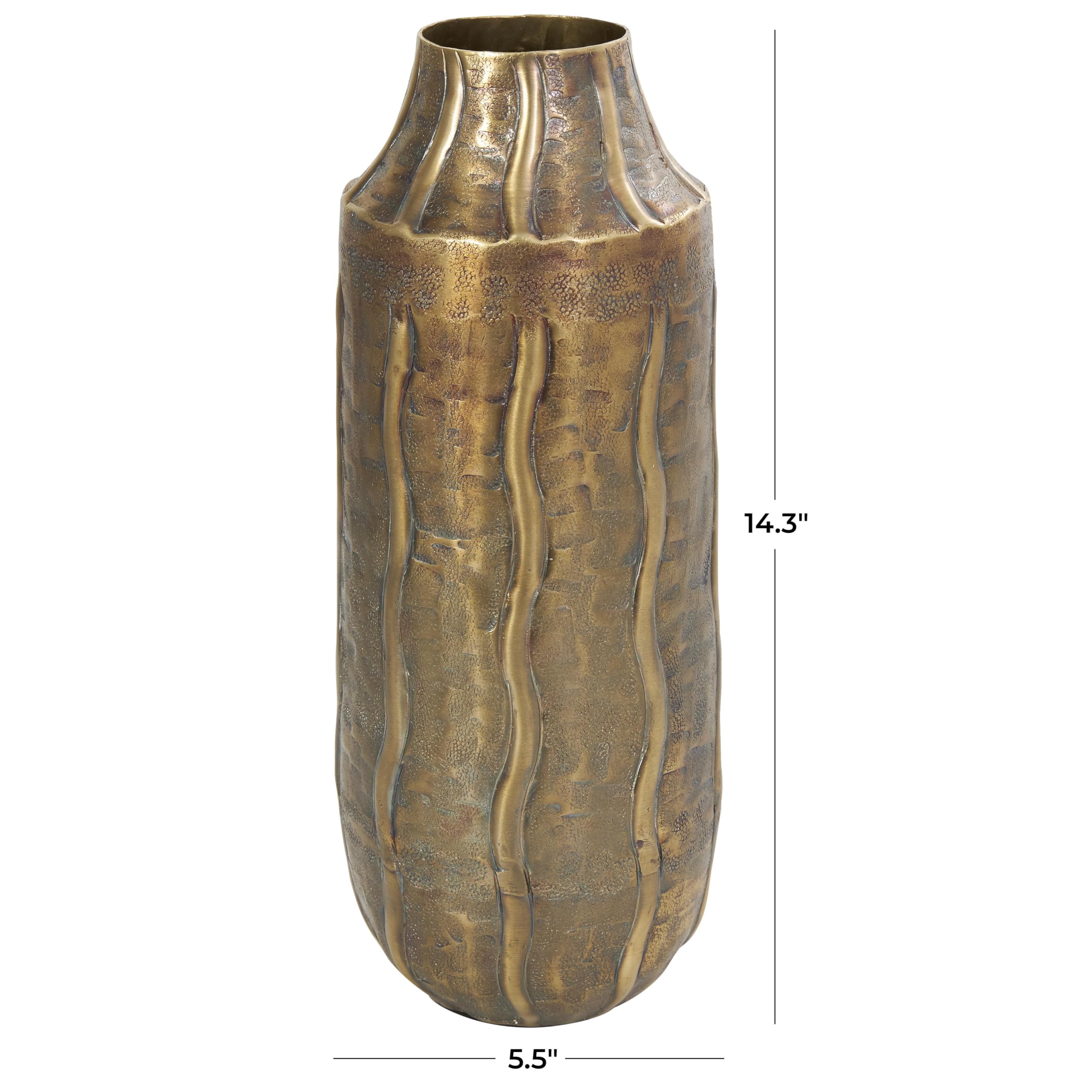 Deco 79 Metal Decorative Vase Snakeskin Inspired Centerpiece Vase with Dimensional Wavy Accents, Flower Vase for Home Decoration 6" x 6" x 14", Brass