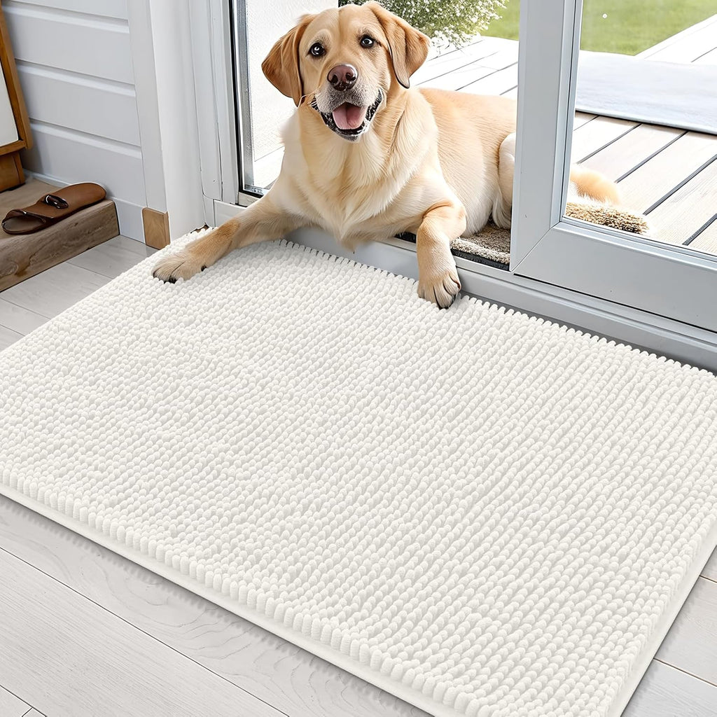 OLANLY Dog Door Mat - Absorbent Non-Slip Washable Chenille Mat for Muddy Paws | 36x24 Inches, Ivory