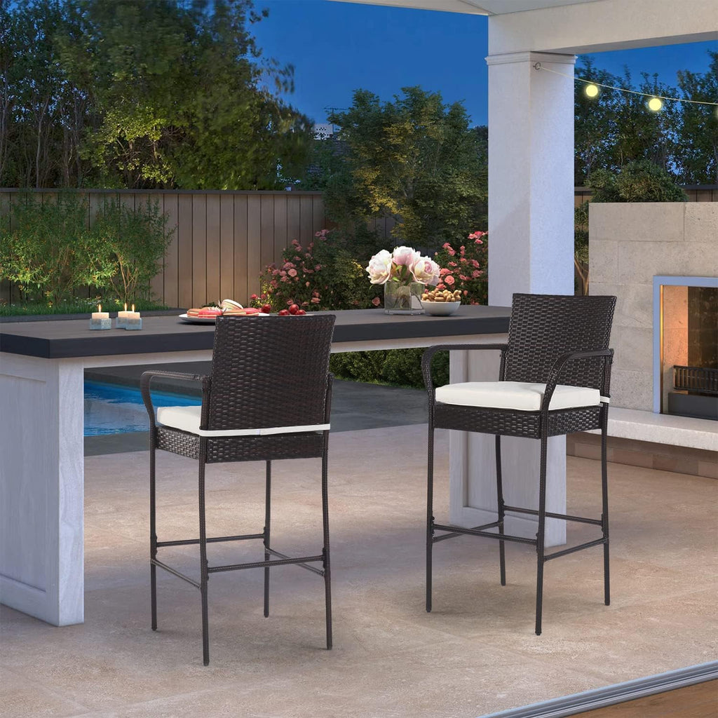 PayLessHere 30" Patio Bar Stools - Set of 2 All-Weather Wicker Chairs with Footrest & Khaki Cushions