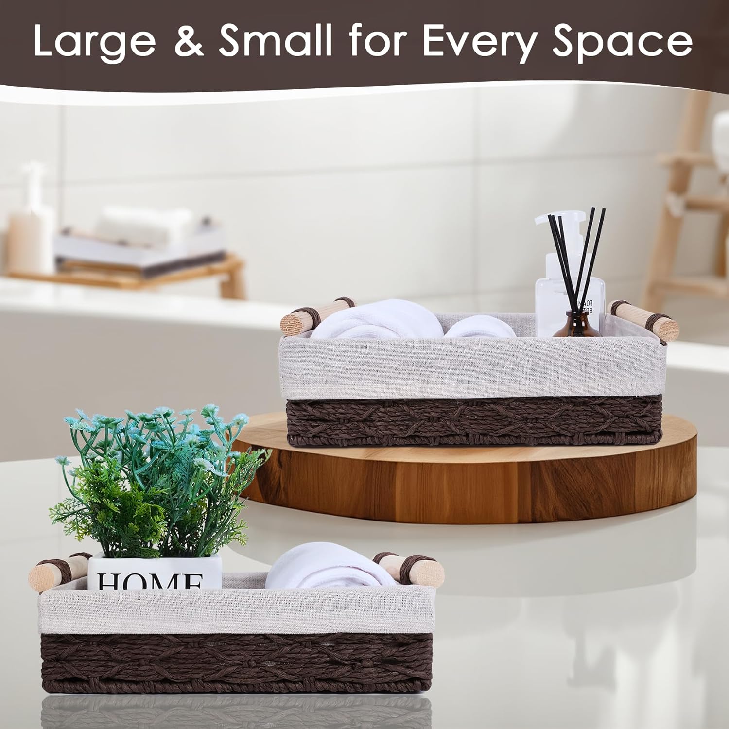 Wicker Storage Basket - Decorative Paper Rope Baskets with Wooden Handle | 2-Pack, Brown for Home & Office Organization